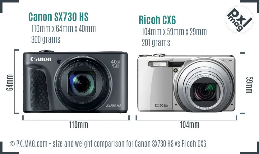 Canon SX730 HS vs Ricoh CX6 size comparison