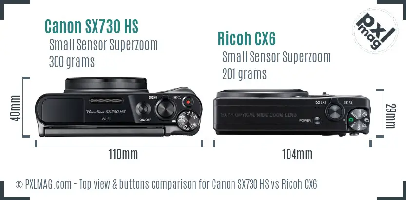 Canon SX730 HS vs Ricoh CX6 top view buttons comparison