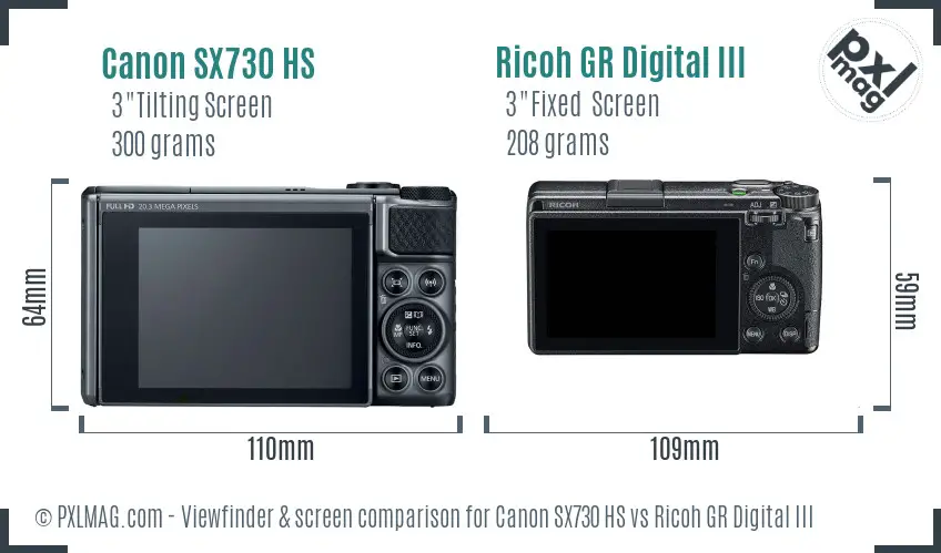 Canon SX730 HS vs Ricoh GR Digital III Screen and Viewfinder comparison