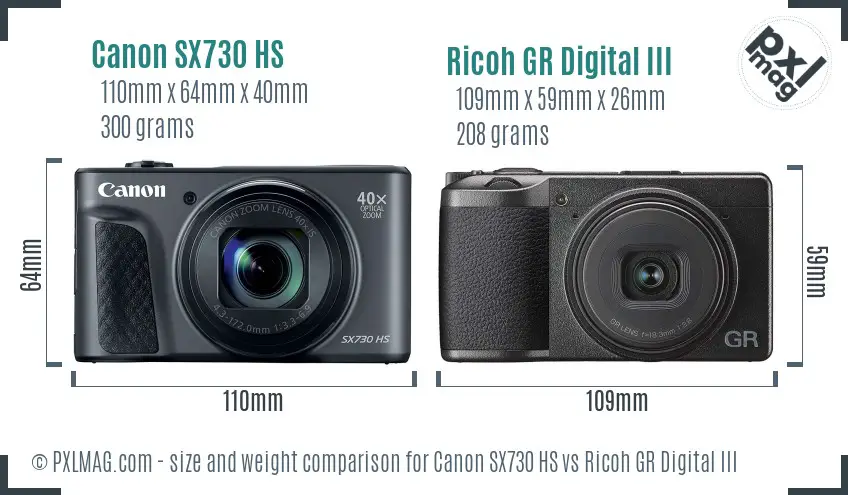 Canon SX730 HS vs Ricoh GR Digital III size comparison