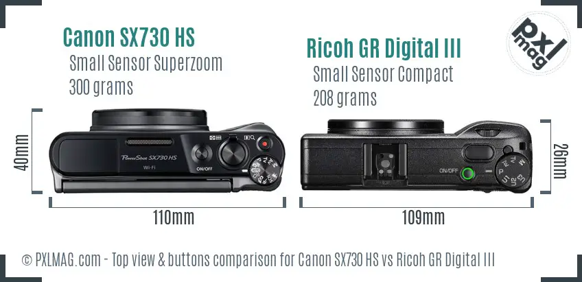 Canon SX730 HS vs Ricoh GR Digital III top view buttons comparison