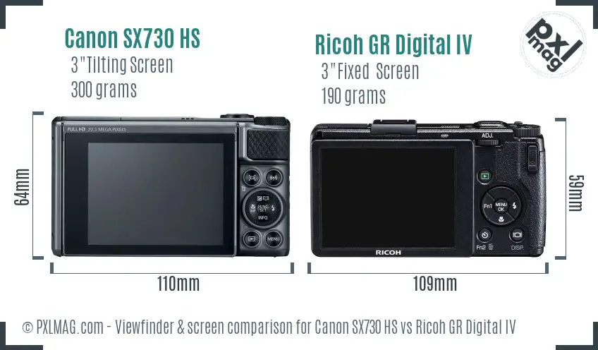 Canon SX730 HS vs Ricoh GR Digital IV Screen and Viewfinder comparison