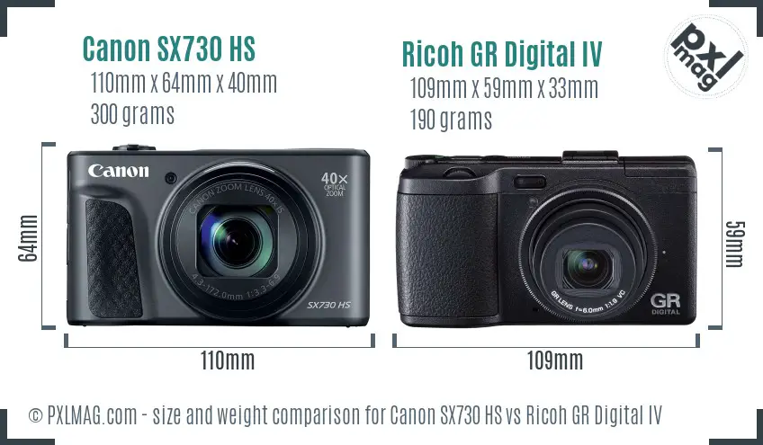 Canon SX730 HS vs Ricoh GR Digital IV size comparison