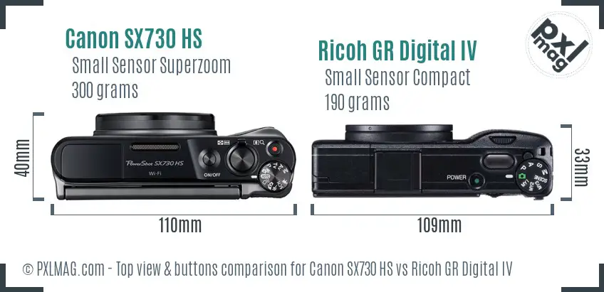 Canon SX730 HS vs Ricoh GR Digital IV top view buttons comparison