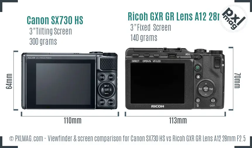 Canon SX730 HS vs Ricoh GXR GR Lens A12 28mm F2.5 Screen and Viewfinder comparison