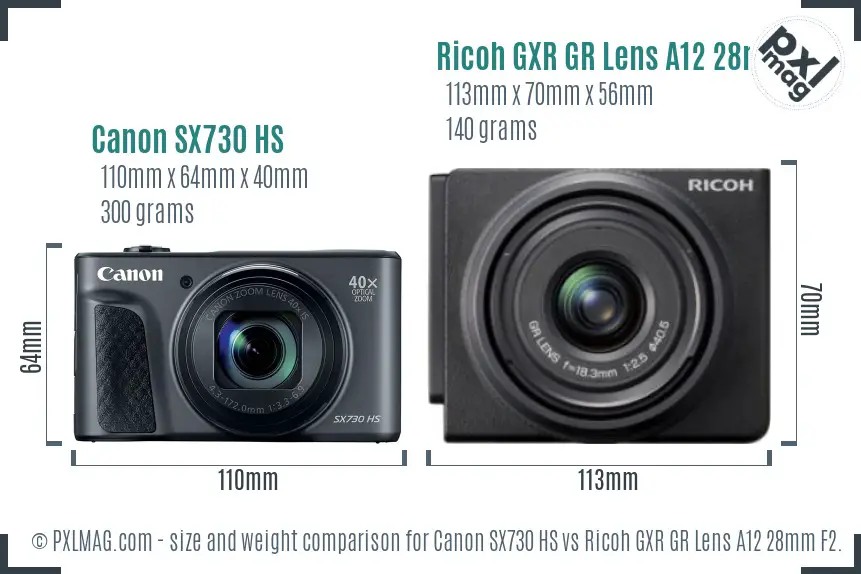 Canon SX730 HS vs Ricoh GXR GR Lens A12 28mm F2.5 size comparison