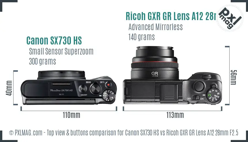 Canon SX730 HS vs Ricoh GXR GR Lens A12 28mm F2.5 top view buttons comparison