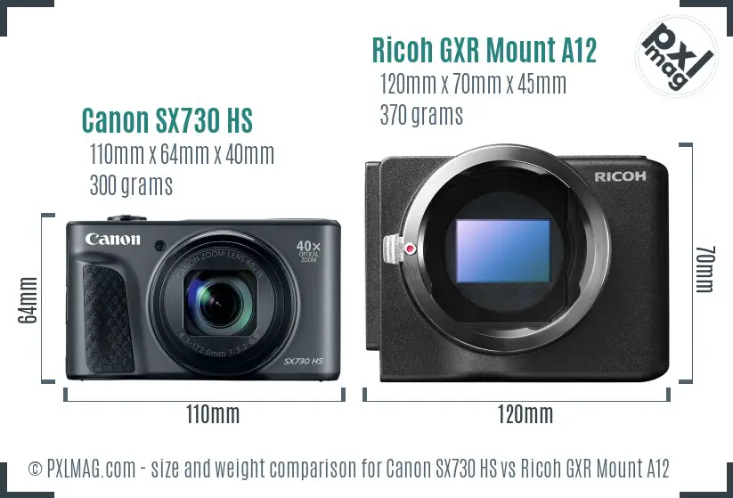 Canon SX730 HS vs Ricoh GXR Mount A12 size comparison