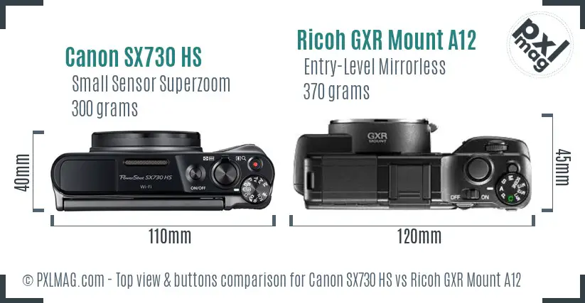 Canon SX730 HS vs Ricoh GXR Mount A12 top view buttons comparison