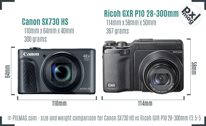 Canon SX730 HS vs Ricoh GXR P10 28-300mm F3.5-5.6 VC size comparison Canon SX730 HS vs Ricoh GXR P10 28-300mm F3.5-5.6 VC size comparison
