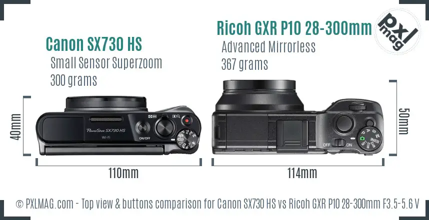 Canon SX730 HS vs Ricoh GXR P10 28-300mm F3.5-5.6 VC top view buttons comparison Canon SX730 HS vs Ricoh GXR P10 28-300mm F3.5-5.6 VC top view buttons comparison