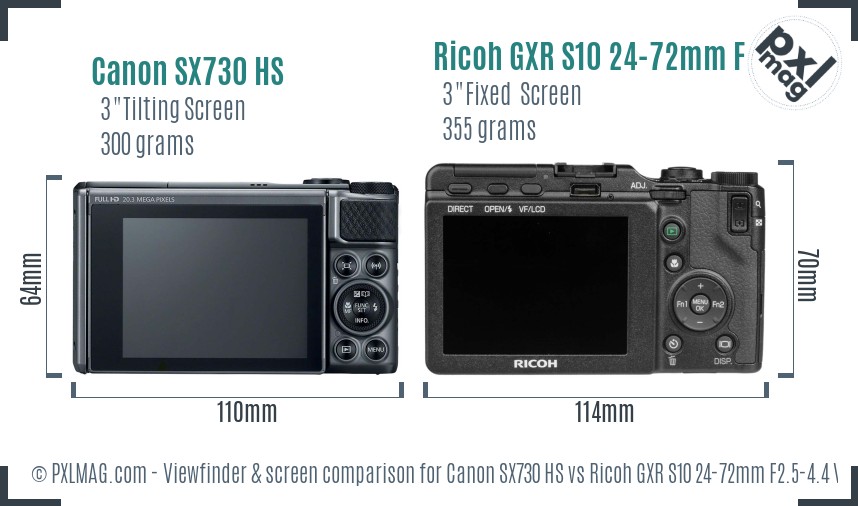 Canon SX730 HS vs Ricoh GXR S10 24-72mm F2.5-4.4 VC Screen and Viewfinder comparison