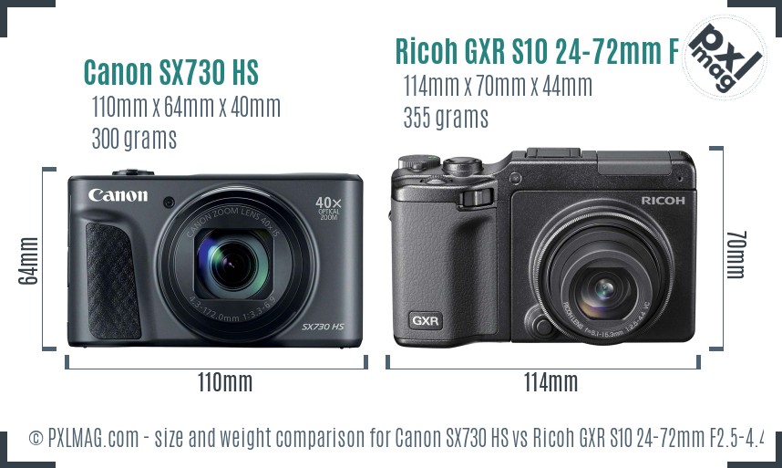 Canon SX730 HS vs Ricoh GXR S10 24-72mm F2.5-4.4 VC size comparison