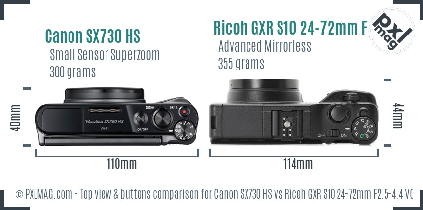 Canon SX730 HS vs Ricoh GXR S10 24-72mm F2.5-4.4 VC top view buttons comparison