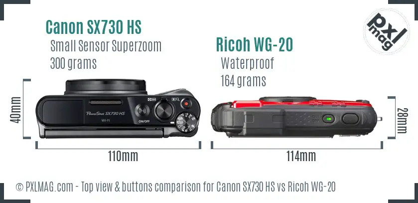 Canon SX730 HS vs Ricoh WG-20 top view buttons comparison