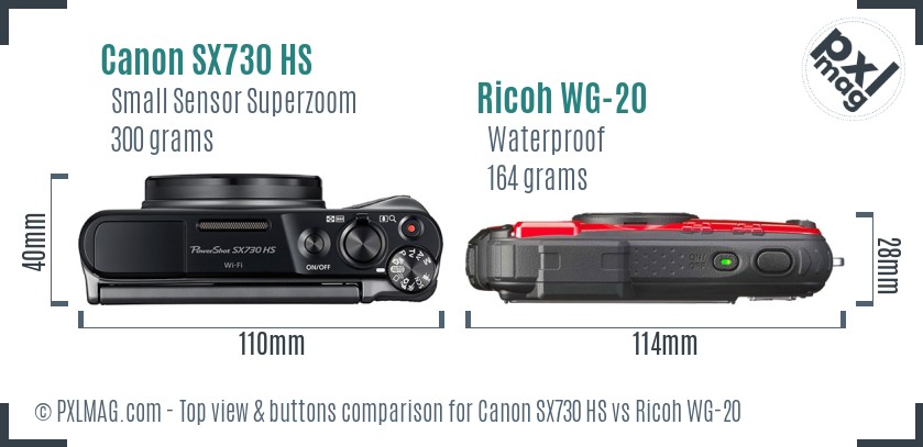 Canon SX730 HS vs Ricoh WG-20 top view buttons comparison