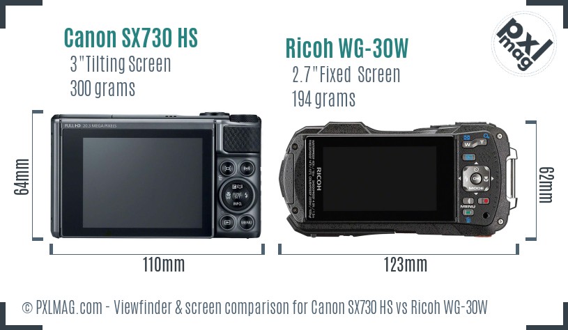 Canon SX730 HS vs Ricoh WG-30W Screen and Viewfinder comparison