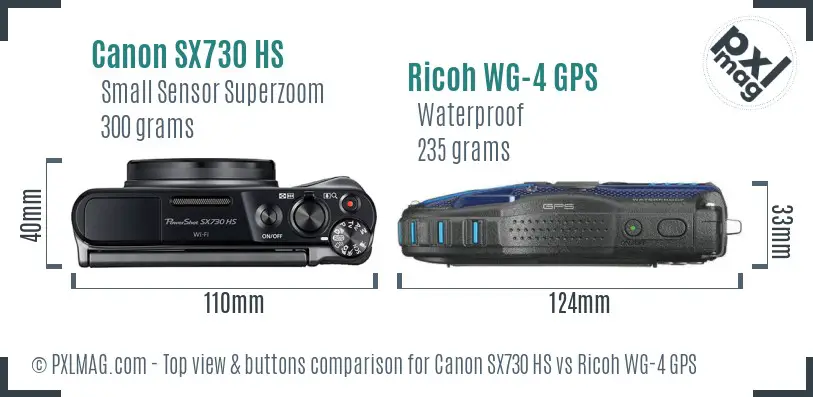 Canon SX730 HS vs Ricoh WG-4 GPS top view buttons comparison