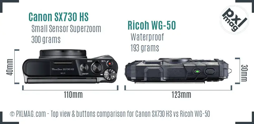 Canon SX730 HS vs Ricoh WG-50 top view buttons comparison