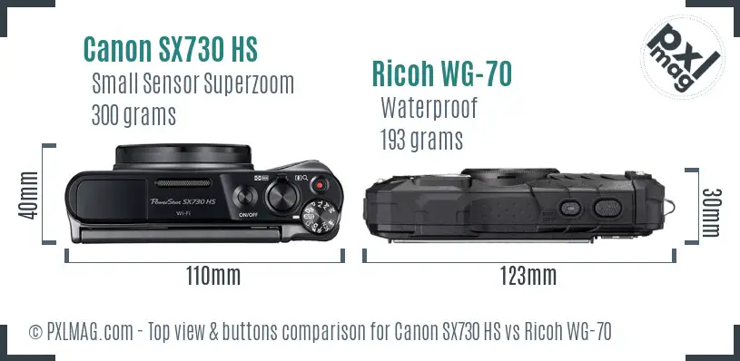 Canon SX730 HS vs Ricoh WG-70 top view buttons comparison