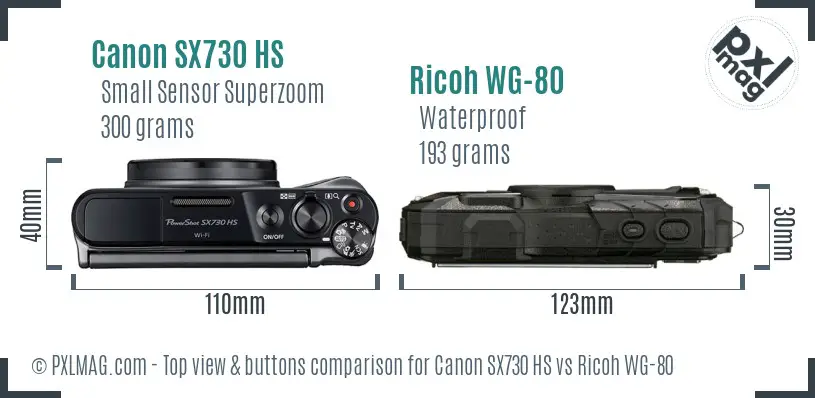 Canon SX730 HS vs Ricoh WG-80 top view buttons comparison Canon SX730 HS vs Ricoh WG-80 top view buttons comparison