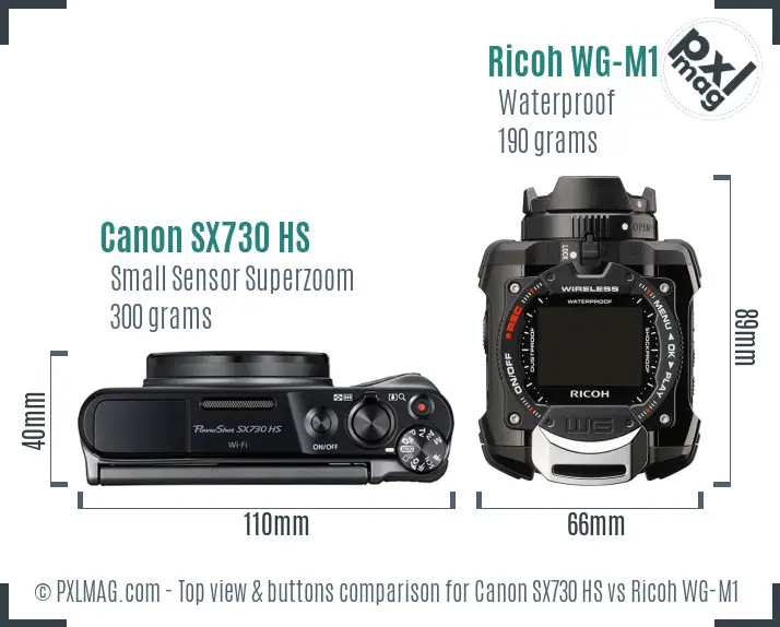 Canon SX730 HS vs Ricoh WG-M1 top view buttons comparison