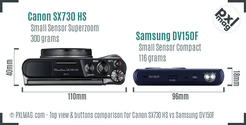 Canon SX730 HS vs Samsung DV150F top view buttons comparison Canon SX730 HS vs Samsung DV150F top view buttons comparison