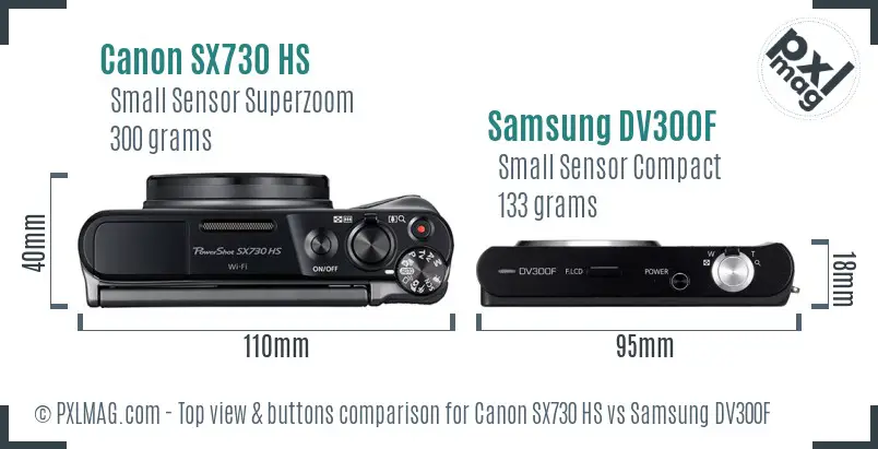 Canon SX730 HS vs Samsung DV300F top view buttons comparison