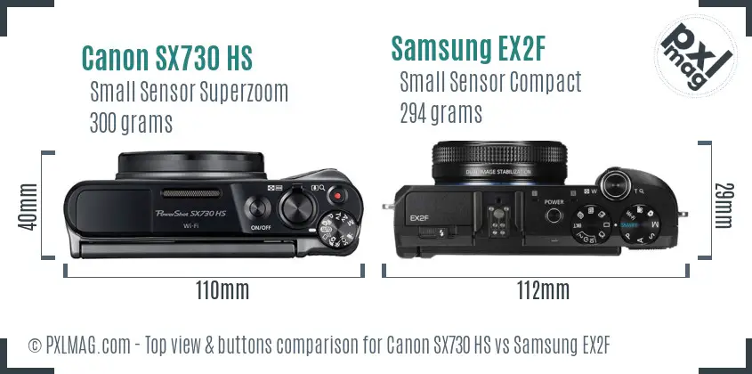 Canon SX730 HS vs Samsung EX2F top view buttons comparison