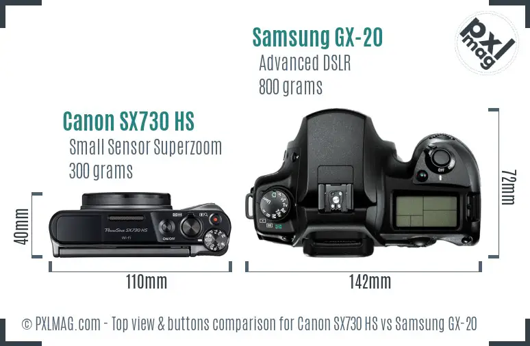 Canon SX730 HS vs Samsung GX-20 top view buttons comparison