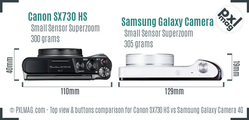Canon SX730 HS vs Samsung Galaxy Camera 4G top view buttons comparison