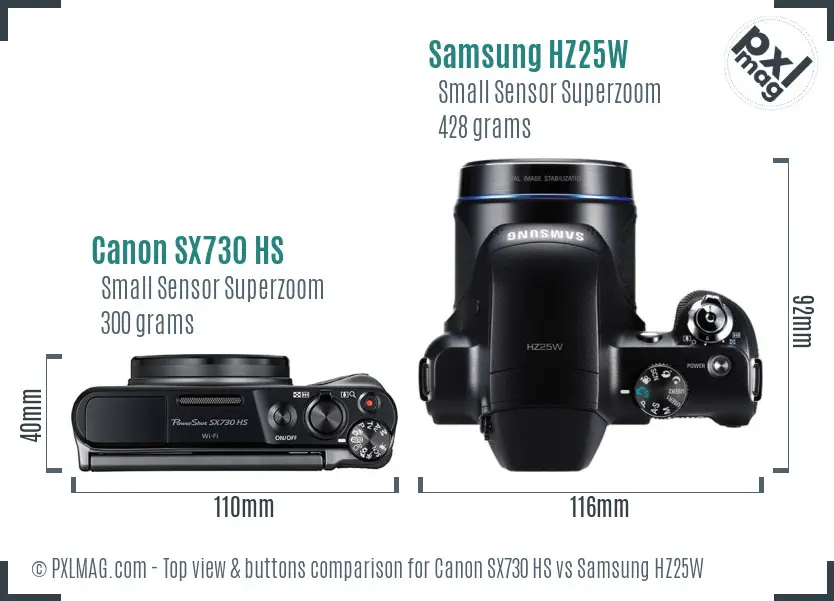 Canon SX730 HS vs Samsung HZ25W top view buttons comparison