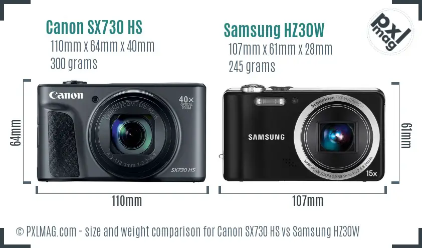 Canon SX730 HS vs Samsung HZ30W size comparison
