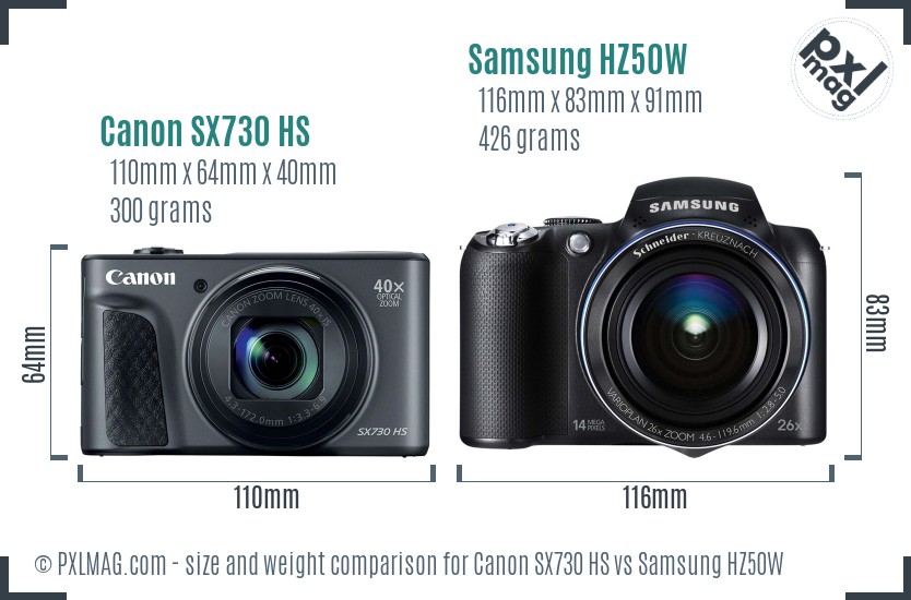 Canon SX730 HS vs Samsung HZ50W size comparison