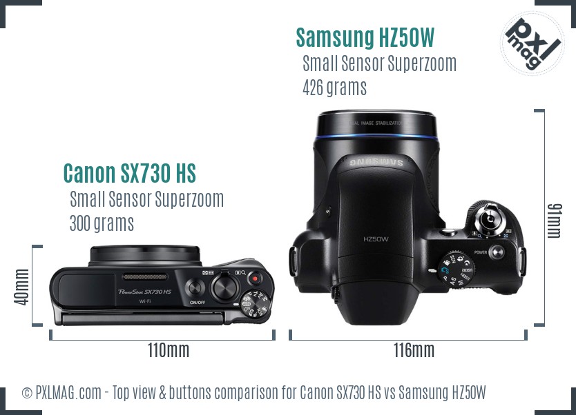Canon SX730 HS vs Samsung HZ50W top view buttons comparison