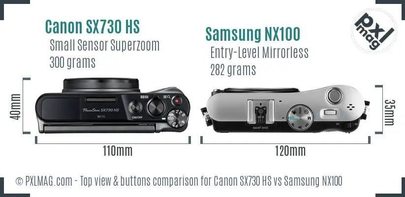Canon SX730 HS vs Samsung NX100 top view buttons comparison Canon SX730 HS vs Samsung NX100 top view buttons comparison