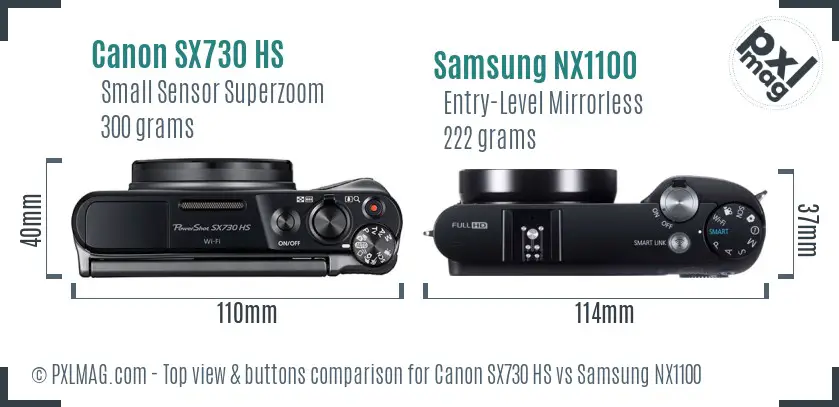 Canon SX730 HS vs Samsung NX1100 top view buttons comparison Canon SX730 HS vs Samsung NX1100 top view buttons comparison