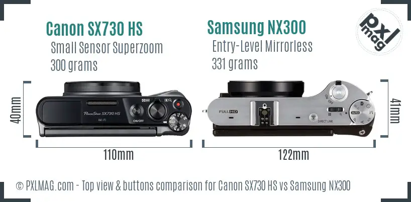 Canon SX730 HS vs Samsung NX300 top view buttons comparison Canon SX730 HS vs Samsung NX300 top view buttons comparison