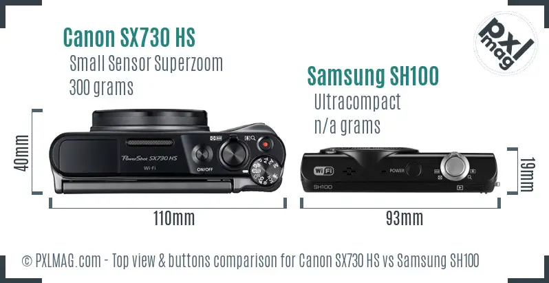 Canon SX730 HS vs Samsung SH100 top view buttons comparison Canon SX730 HS vs Samsung SH100 top view buttons comparison