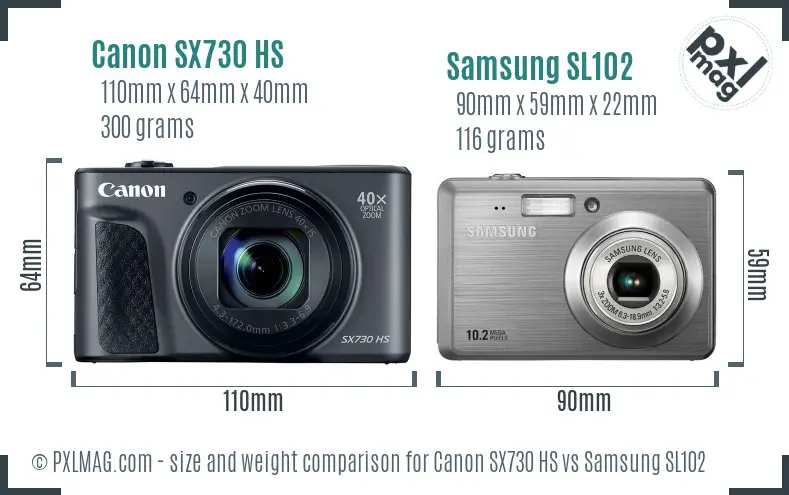 Canon SX730 HS vs Samsung SL102 size comparison