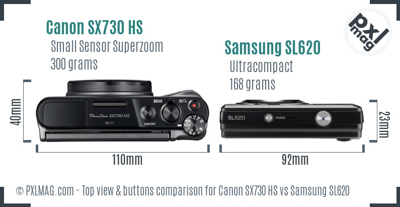 Canon SX730 HS vs Samsung SL620 top view buttons comparison