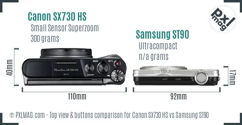 Canon SX730 HS vs Samsung ST90 top view buttons comparison Canon SX730 HS vs Samsung ST90 top view buttons comparison