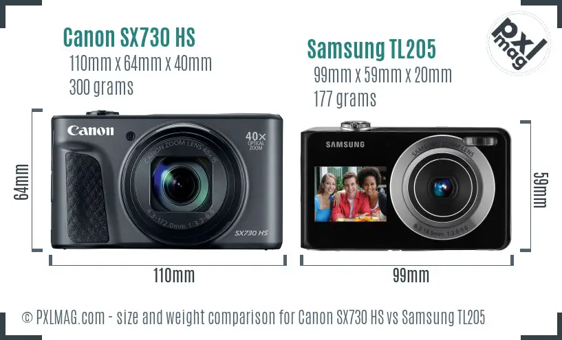 Canon SX730 HS vs Samsung TL205 size comparison