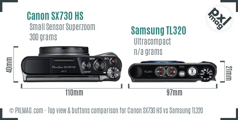 Canon SX730 HS vs Samsung TL320 top view buttons comparison Canon SX730 HS vs Samsung TL320 top view buttons comparison
