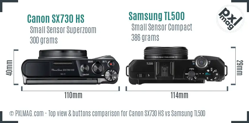 Canon SX730 HS vs Samsung TL500 top view buttons comparison