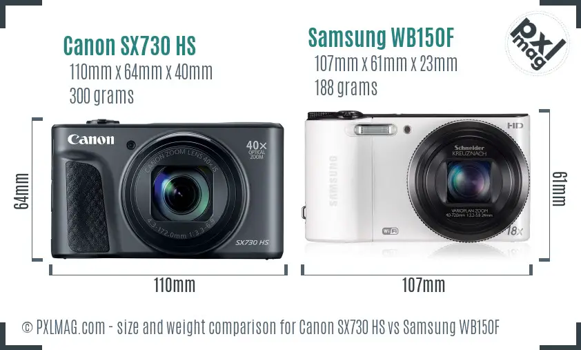 Canon SX730 HS vs Samsung WB150F size comparison