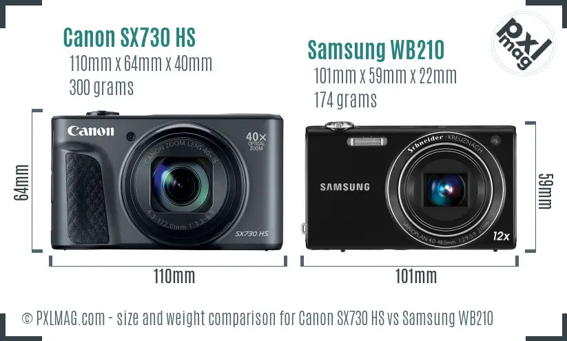 Canon SX730 HS vs Samsung WB210 size comparison