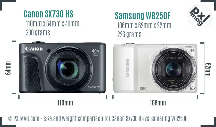 Canon SX730 HS vs Samsung WB250F size comparison