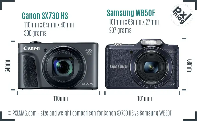 Canon SX730 HS vs Samsung WB50F size comparison