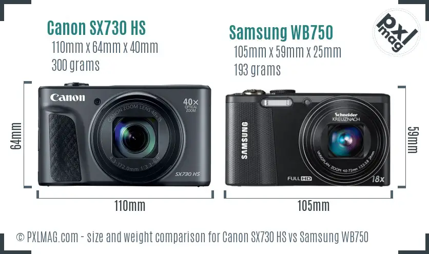 Canon SX730 HS vs Samsung WB750 size comparison